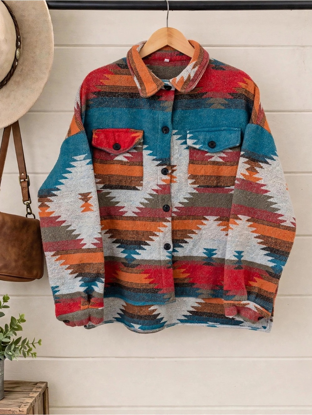 Boho Southwestern Aztec Jacket - Teal & Rust